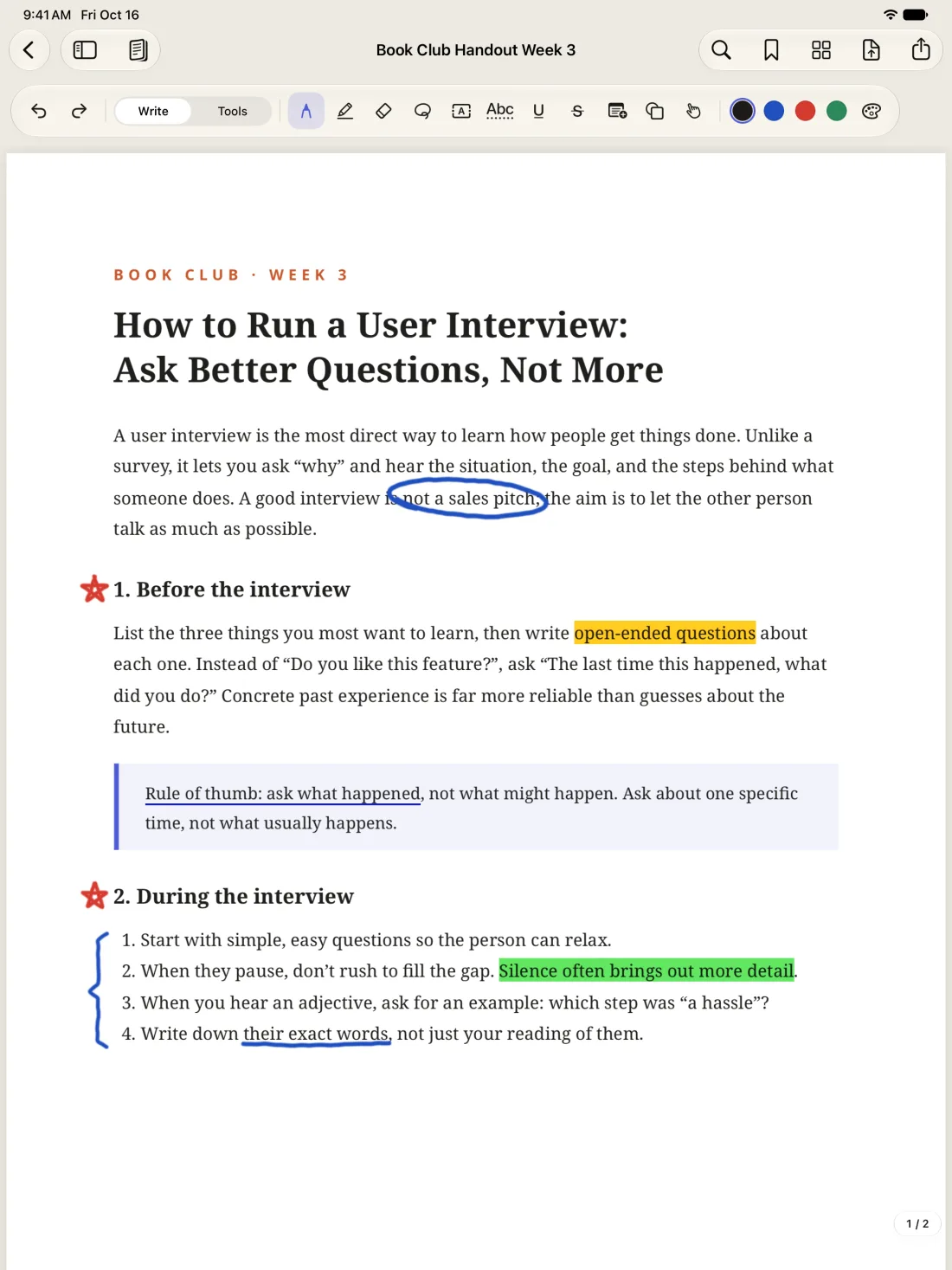 A book club handout on iPad with a circled phrase, stars, underlines, and highlights
