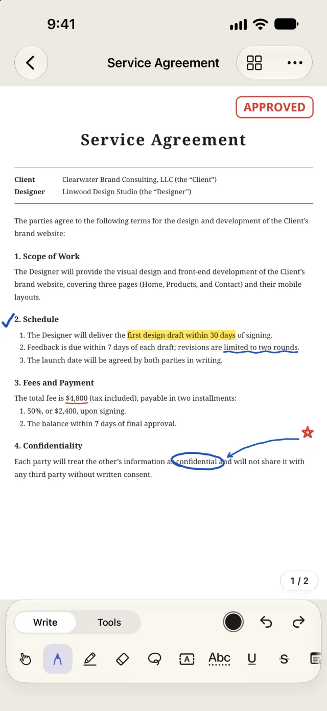 A contract on iPhone with a highlighted phrase, a circled clause, a check mark, and an APPROVED stamp