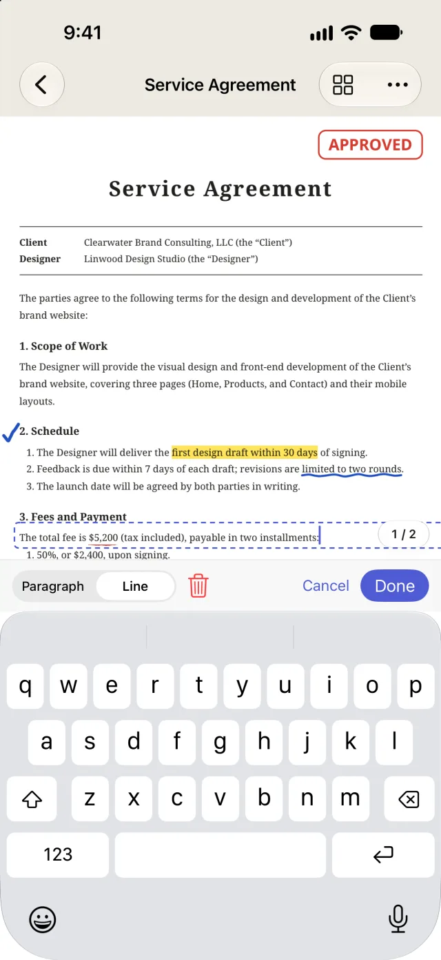 Editing a line of a contract directly on iPhone, changing the fee to $5,200
