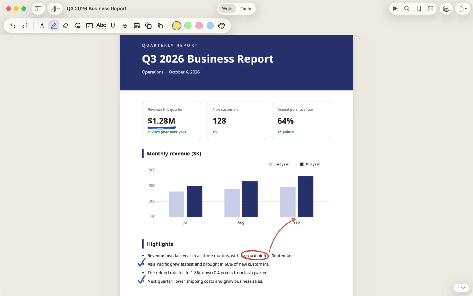 A Folium window on Mac showing a quarterly business report with markup